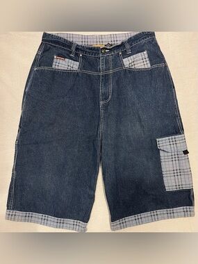 Y2K Style Blue Boy Denim Cargo Shorts Plaid Trim Wide Leg Hip Hop Skater Jorts